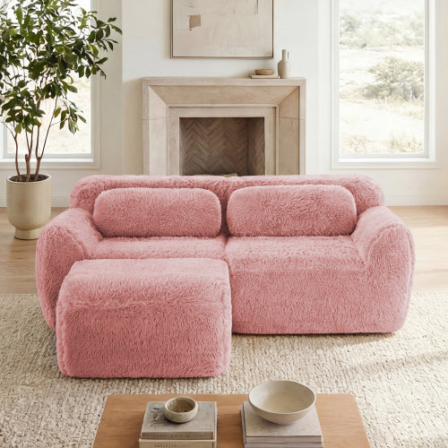 Pink L-Shaped Plush Boneless Sofa with Chaise,32D Sponge,Throw Pillows,No Assembly