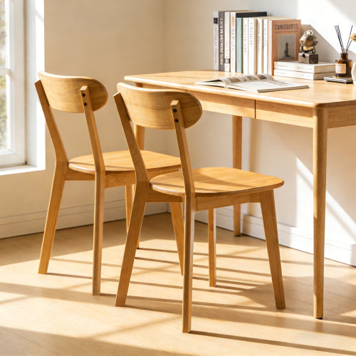 Set of 2 Natural Solid Wood Dining Chairs,Curved Back & Adjustable Foot Pads