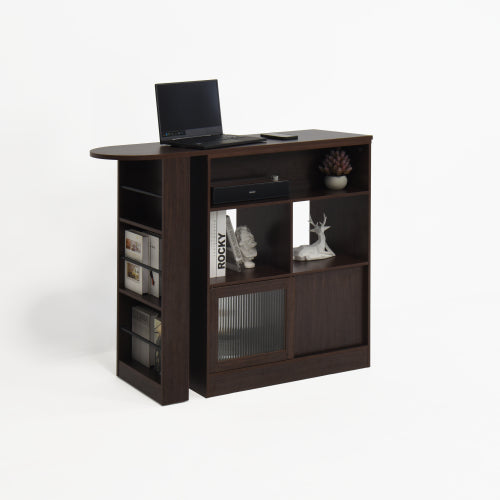 Modern Bar Cabinet with Rotating top, Counter Height Dining Cabinet with 6 Storage space and 2 Ribbed Glass Door for Kitchen, The Rotating Top with 3 Storage Shelves Dining Room, Living Room, Walnut