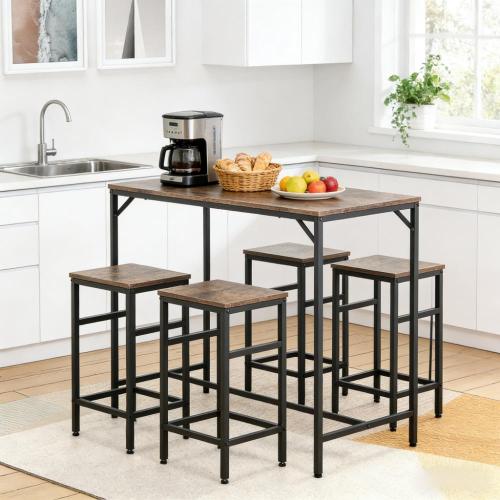 5-Piece Rustic Brown & Black Dining Set, Wood & Steel Counter Height Table with 4 Space-Saving Stools