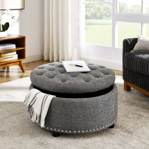 Ottoman Tufted Storage Ottoman with Linen Upholstery and Nailhead Trim