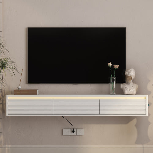 Fluted Floating Wall Mount TV Shelf with Touch LED Lighting & Power Charging Ports for Living Room