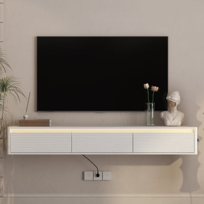 Fluted Floating Wall Mount TV Shelf with Touch LED Lighting & Power Charging Ports for Living Room