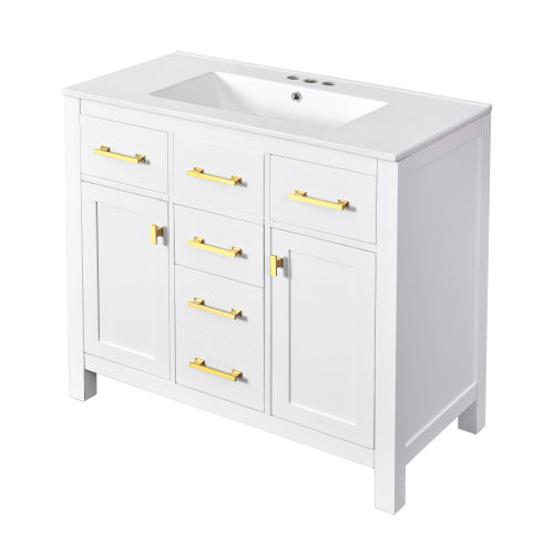 36'' Bathroom Vanity with Ceramic Sink Combo Set,Modern Freestanding Single Bathroom Cabinet with 4 Drawers & 2 Cabinets,Storage Cabinet for Bathroom, Solid Wood Frame Vanity Set, White