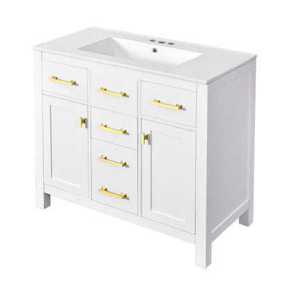 36'' Bathroom Vanity with Ceramic Sink Combo Set,Modern Freestanding Single Bathroom Cabinet with 4 Drawers & 2 Cabinets,Storage Cabinet for Bathroom, Solid Wood Frame Vanity Set, White