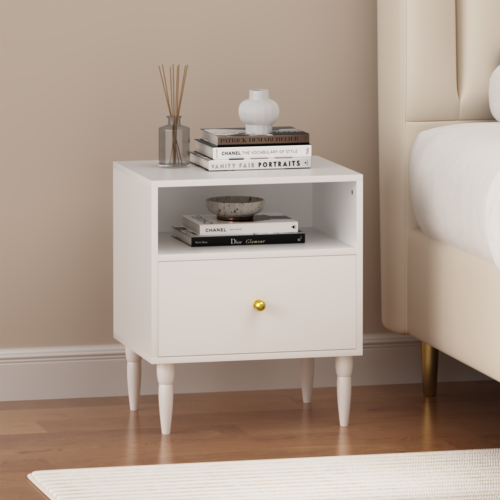 Modern White Nightstand with Drawer and Open Shelf, Bedside Table with Gold Knob, Solid Wood Legs, Small End Table for Bedroom, Living Room