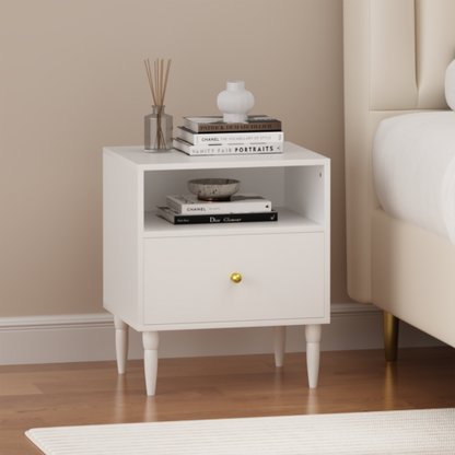 Modern White Nightstand with Drawer and Open Shelf, Bedside Table with Gold Knob, Solid Wood Legs, Small End Table for Bedroom, Living Room