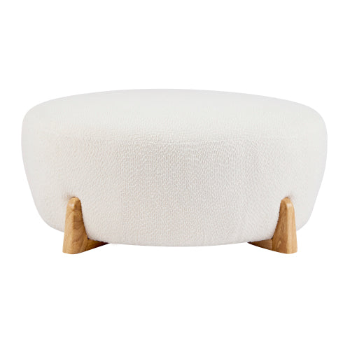Round Boucle Ottoman, White Upholstered Footrest with Splayed Solid Rubber Wood Legs, Multifunctional Accent Stool