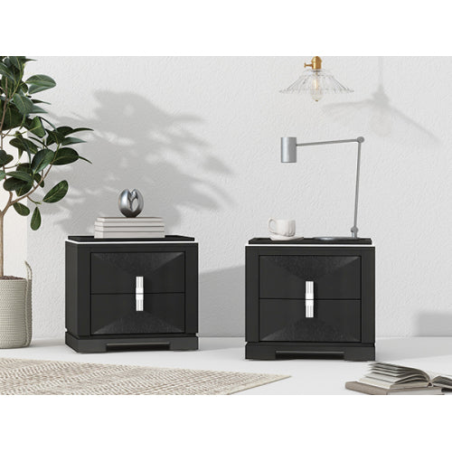 Mid-Century Modern Nightstand, 2 Drawers Wide Sofa Side Table,Wood Diamond Shaped End Table with Storage,Closet with Heavy Duty Base,Small Bedside Table for Bedroom,Living Room,Entrance,Black