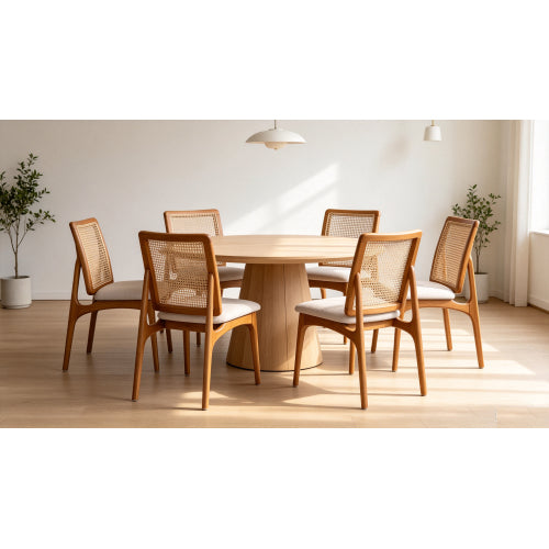 Mid Century Rattan Dining Chairs Set of 2, Solid Rubber Wood Side Chairs with Cane Rattan Back