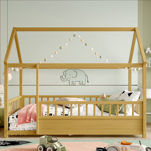 Twin Size Floor Wooden Bed with House Roof Frame, Fence Guardrails,(Twin,Natural)