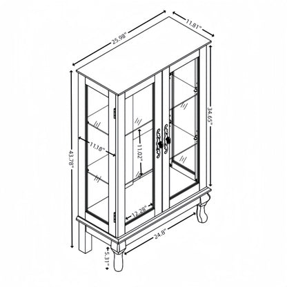 Cherry Lighted Tempered Glass Curio Cabinet Mirrored Back Panel Adjustable Shelf Vintage Metal Handle Home Display Cabinet