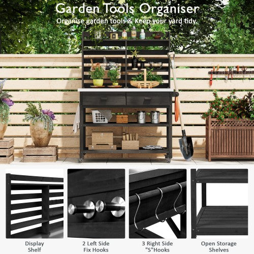 K&K 64.9"H Outdoor Potting Bench Table with Lockable Wheels, Solid Wood Outdoor Kitchen Island with Upper Hutch, Stainless Steel Top, Towel Rack ,Outdoor Storage for Grilling, Lawn Garden -Black