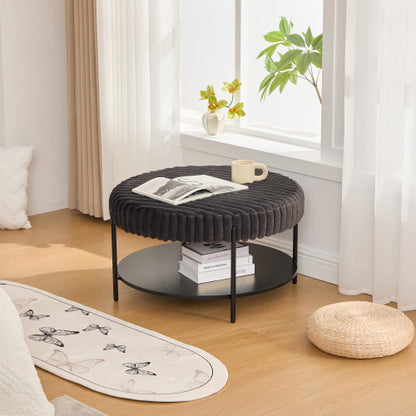 30.9 Inch Charcoal Faux Fur Round Ottoman, Open Storage Shelf Footstool with Black Metal Legs, Supports 275 Lbs