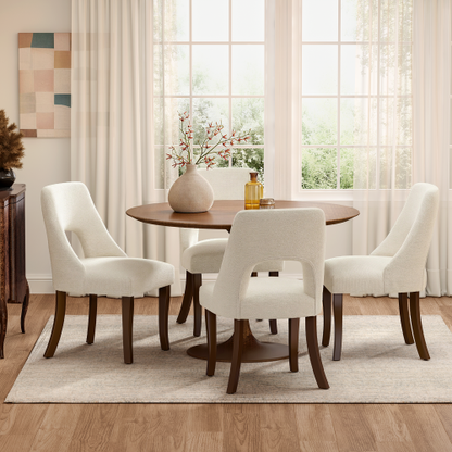 Set of 2 Beige Tufted Chenille Dining Chairs, Curved Rubberwood Legs 300lbs Capacity Space Saving Compact Design