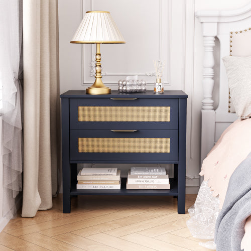 Boho Rattan Nightstand with 2 Drawers & Open Shelf