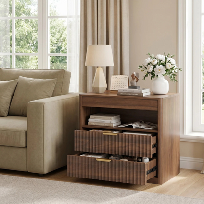 Walnut Nightstand with 2 Drawers, Open Shelf, Outlet and Pull-Out Tray