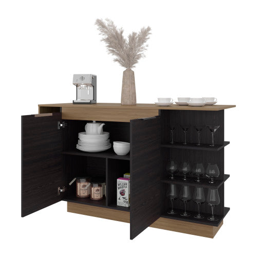Kitchen Bar Counter with Shelves and Cabinets, Black Wengue / Natural Oak