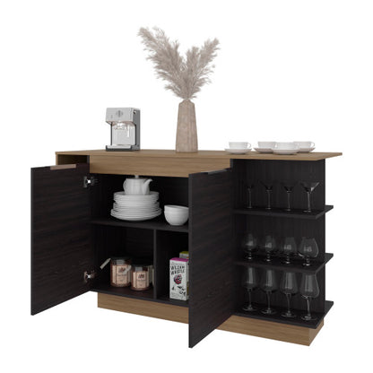 Kitchen Bar Counter with Shelves and Cabinets, Black Wengue / Natural Oak