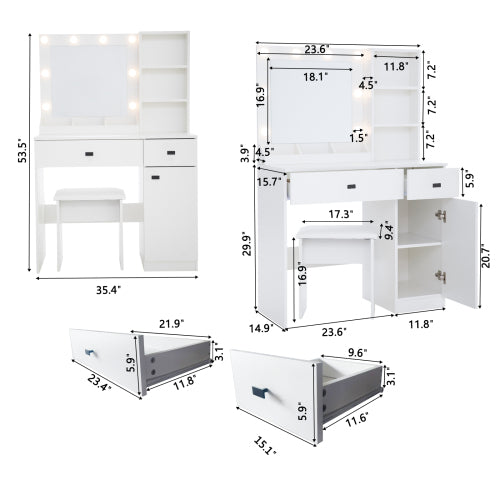 White Vanity Desk with Lights & Mirror, Large Drawers & Three Level Storage, 3 Lights Brightness Adjustable
