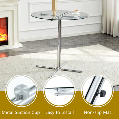 Round glass bar high table, 36 inch round bar table, tempered glass tabletop, sturdy silver chrome plated four column support, suitable for transparent round bar tables in small spaces, kitchens
