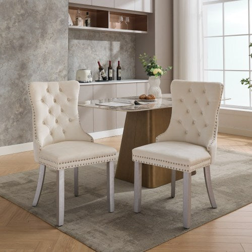 Set of 2 Milky White Mid-Century Velvet Tufted Dining Chairs, Solid Wood Leg Nailhead Trim 280lbs Weight Capacity