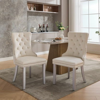 Set of 2 Milky White Mid-Century Velvet Tufted Dining Chairs, Solid Wood Leg Nailhead Trim 280lbs Weight Capacity