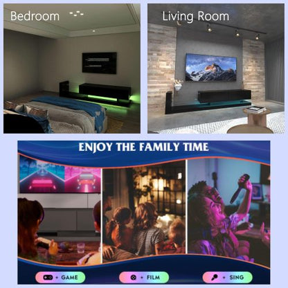 70 Inch Black Modern LED TV Stand Built-In Power Strip Tempered Glass Media Console for 75 Inch TV
