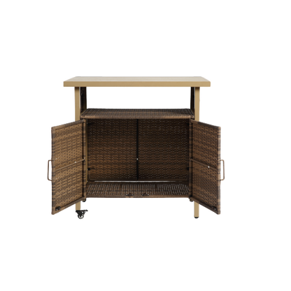 Outdoor Wicker Bar Cart, Patio Wine Serving Cart w/Wheels , Rolling Rattan Beverage Bar Counter Table w/Glass Top for Porch Backyard Garden Poolside Party, Beige