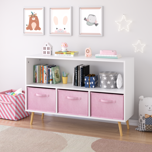 Kids Bookcase with Fabric Drawers and Toy Storage Organizer, White/Pink