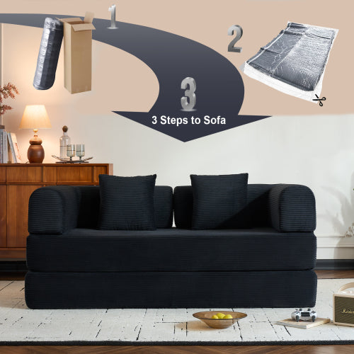 Corduroy Convertible Sleeper Sofa-Bed Fixed-Shape Metal-Frame Floor Lounge Couch with Cylindrical Pillow No-Assembly