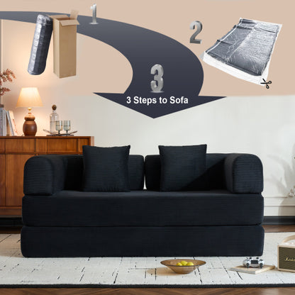 Corduroy Convertible Sleeper Sofa-Bed Fixed-Shape Metal-Frame Floor Lounge Couch with Cylindrical Pillow No-Assembly