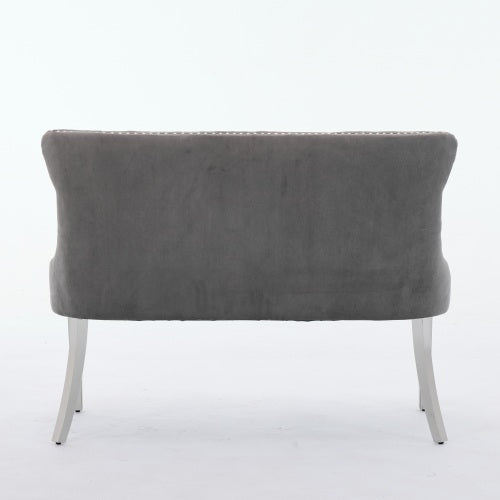 Velvet Double Dining Loveseat Bench, Kitchen & Dining Seating, 2-Seat Tufted Bench w/Handmade Buttons, Wing Back, Brushed Silver Stainless Steel Legs, Mid Century Modern,Single Pack,Gray
