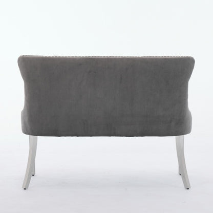 Velvet Double Dining Loveseat Bench, Kitchen & Dining Seating, 2-Seat Tufted Bench w/Handmade Buttons, Wing Back, Brushed Silver Stainless Steel Legs, Mid Century Modern,Single Pack,Gray
