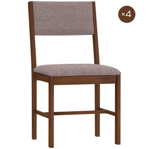 Set of 4 Light Brown Rubberwood Dining Chairs, Linen Fabric Upholstered Kitchen Chairs with H-Support