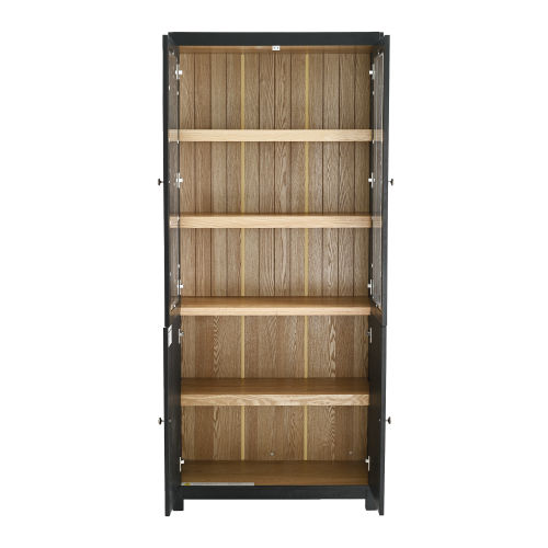 74.5''H Ash Wood Grain Mid-Century Glass Door Display Cabinet Adjustable Shelf Home Storage Cabinet