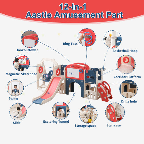 12 in 1 Indoor Outdoor Playset for Toddlers 1 3 Swing Slide Combo Climber Basketball Hoop Red Blue