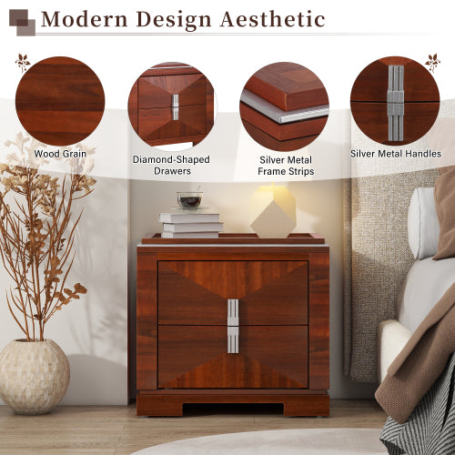 Mid-Century Modern Nightstand, 2 Drawers Wide Sofa Side Table,Wood Diamond Shaped End Table with Storage,Closet with Heavy Duty Base,Small Bedside Table for Bedroom,Living Room,Entrance, Dark Brown