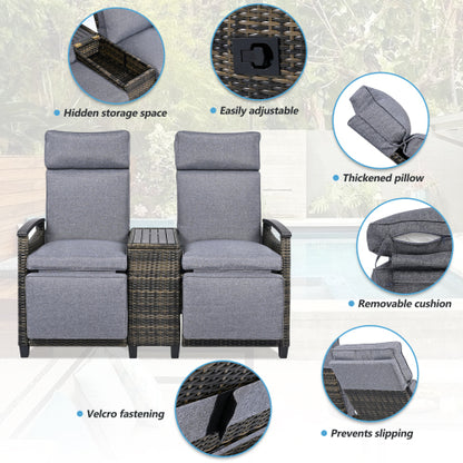 GO Patio Recliner Loveseat Chair, Adjustable Backrest Wicker Outdoor Lounge Chair Set with Acacia Wood Armrests and Built-in Storage Table for Balcony, Porch, Lawn, Gray