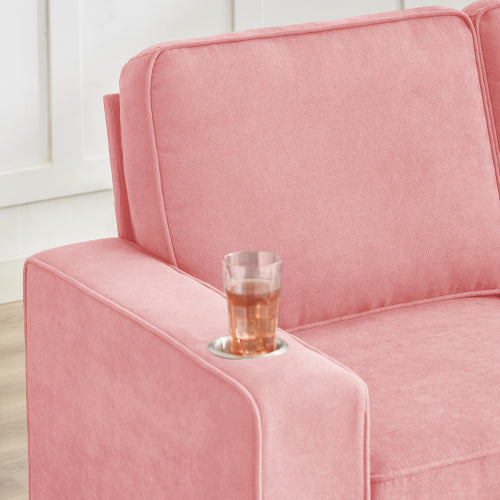 Pink 83.86-Inch Modern Compressed 3-Seater Snow-Fleece Sofa with Dual-Side Cup Holders