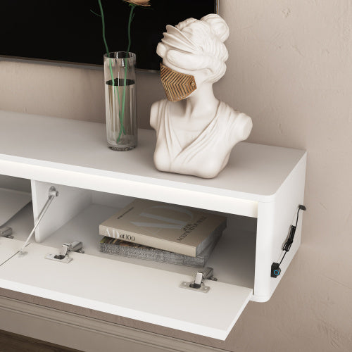 Fluted Floating Wall Mount TV Shelf with Touch LED Lighting & Power Charging Ports for Living Room