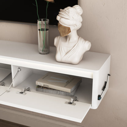 Fluted Floating Wall Mount TV Shelf with Touch LED Lighting & Power Charging Ports for Living Room