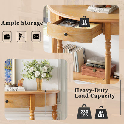 Half Moon Console Table with Drawer & Shelf - Rustic Accent Table, Sofa Table for Entryway, Living Room, Hallway and Foyer (Natural)