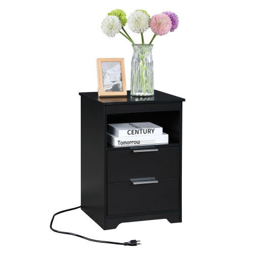 Black Nightstand with Charging Station, 2 Drawers & Open Shelf Wooden Bedroom Side Table