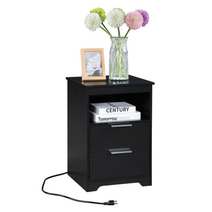 Black Nightstand with Charging Station, 2 Drawers & Open Shelf Wooden Bedroom Side Table