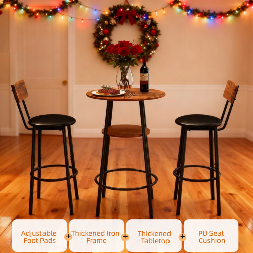 3 Pieces Round Bar Table and Chairs Set, Small Dining Table for 2 with 2-Tier Storage & 2 PU Upholstered Bar Stools for Kitchen, Dining Room, Living Room, Bar, Cafe, Small Space Corner, Rustic Brown