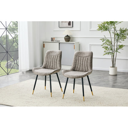 Set of 2 Gray Leathaire Tech Fabric Dining Chairs, Black Semi-Gloss Metal Leg Gold Trim Adjustable Non-Slip Feet Vertical Stitch High Back