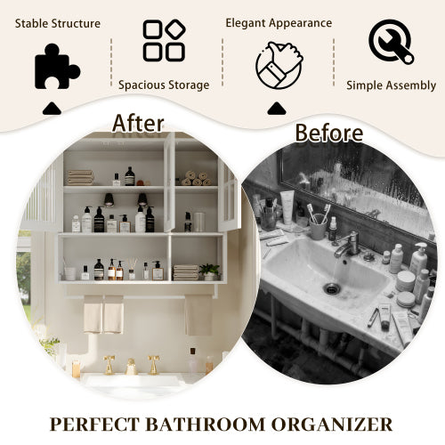 Bathroom Wall Cabinet, 3-Door Wooden Wall Cabinet with Open and Hidden Storage Space, Medicine Cabinet with Glass Door and Towel Bar for Entryway Living Room Bathroom Dining Room,White