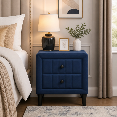 Navy Blue Velvet 2-Drawer Upholstered Nightstand