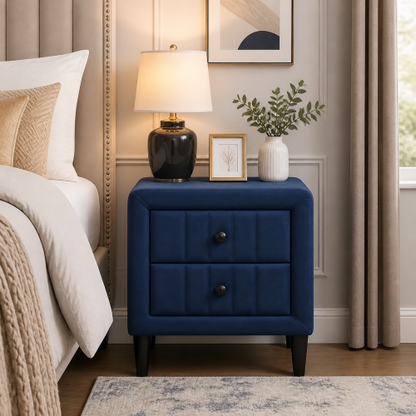 Navy Blue Velvet 2-Drawer Upholstered Nightstand